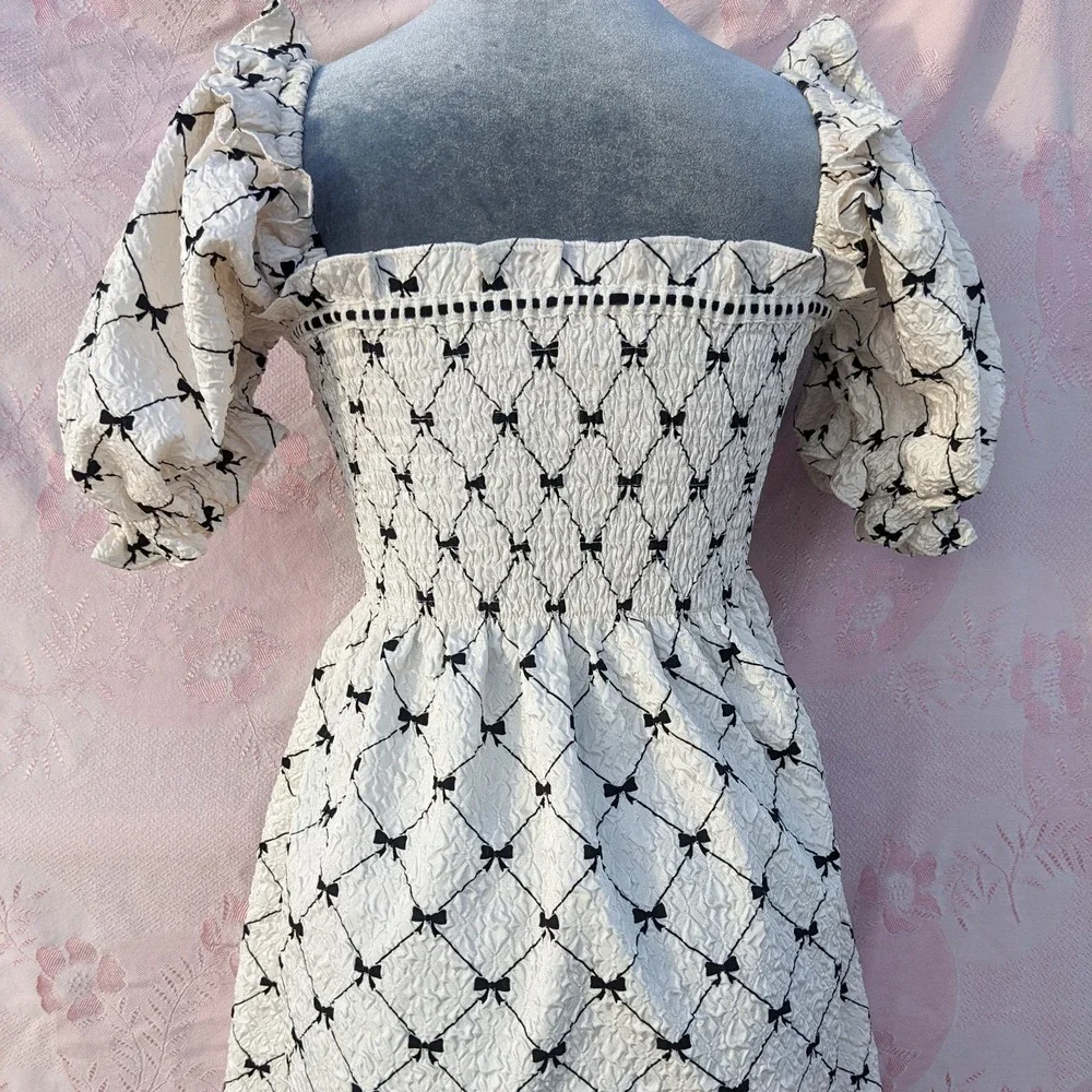 Bow Print Babydoll Mini Dress Small White Puff Sleeve Coquette Cottagecore - Picture 9 of 12